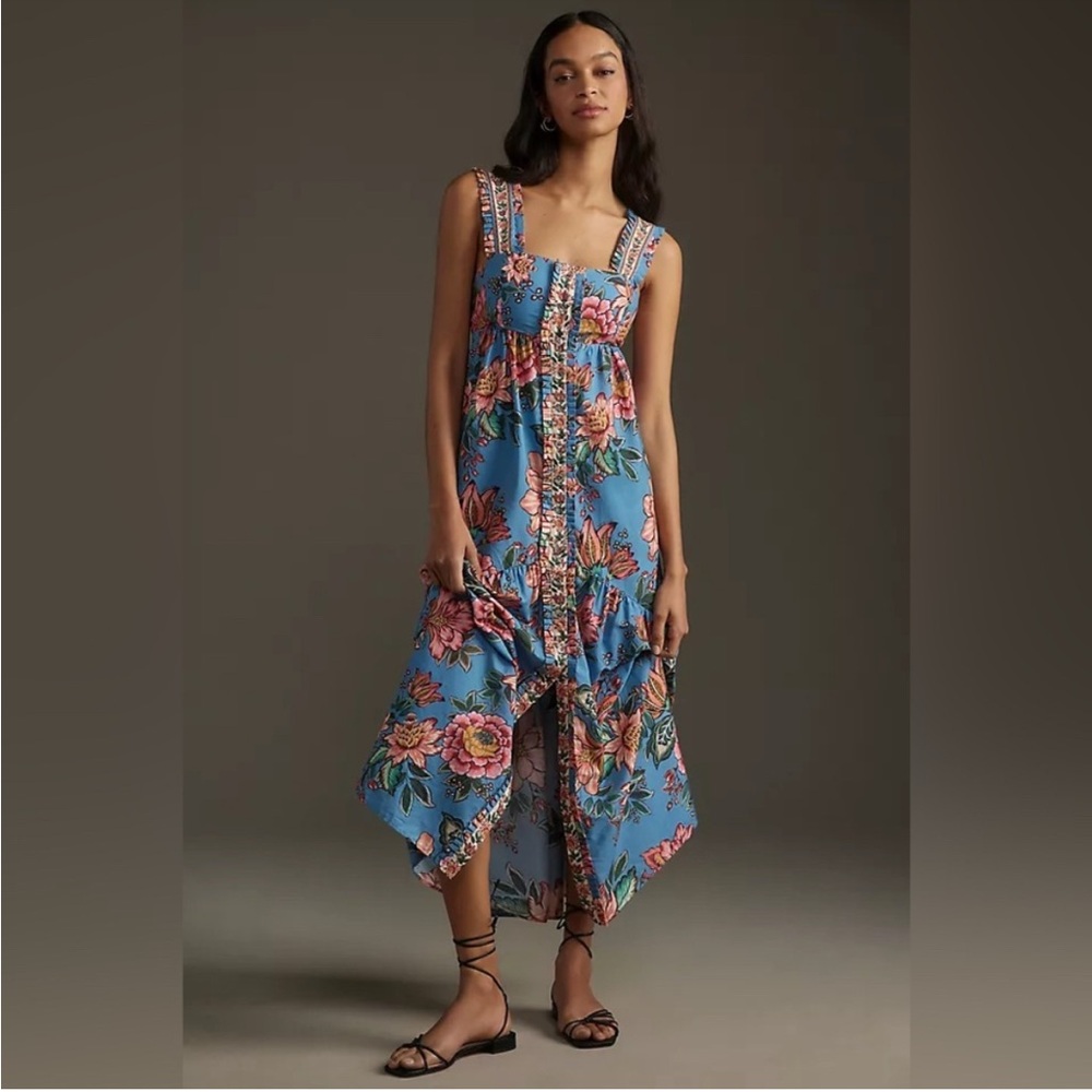 FARM Rio Blue and Pink Maxi Dress with Ruffle Skirt